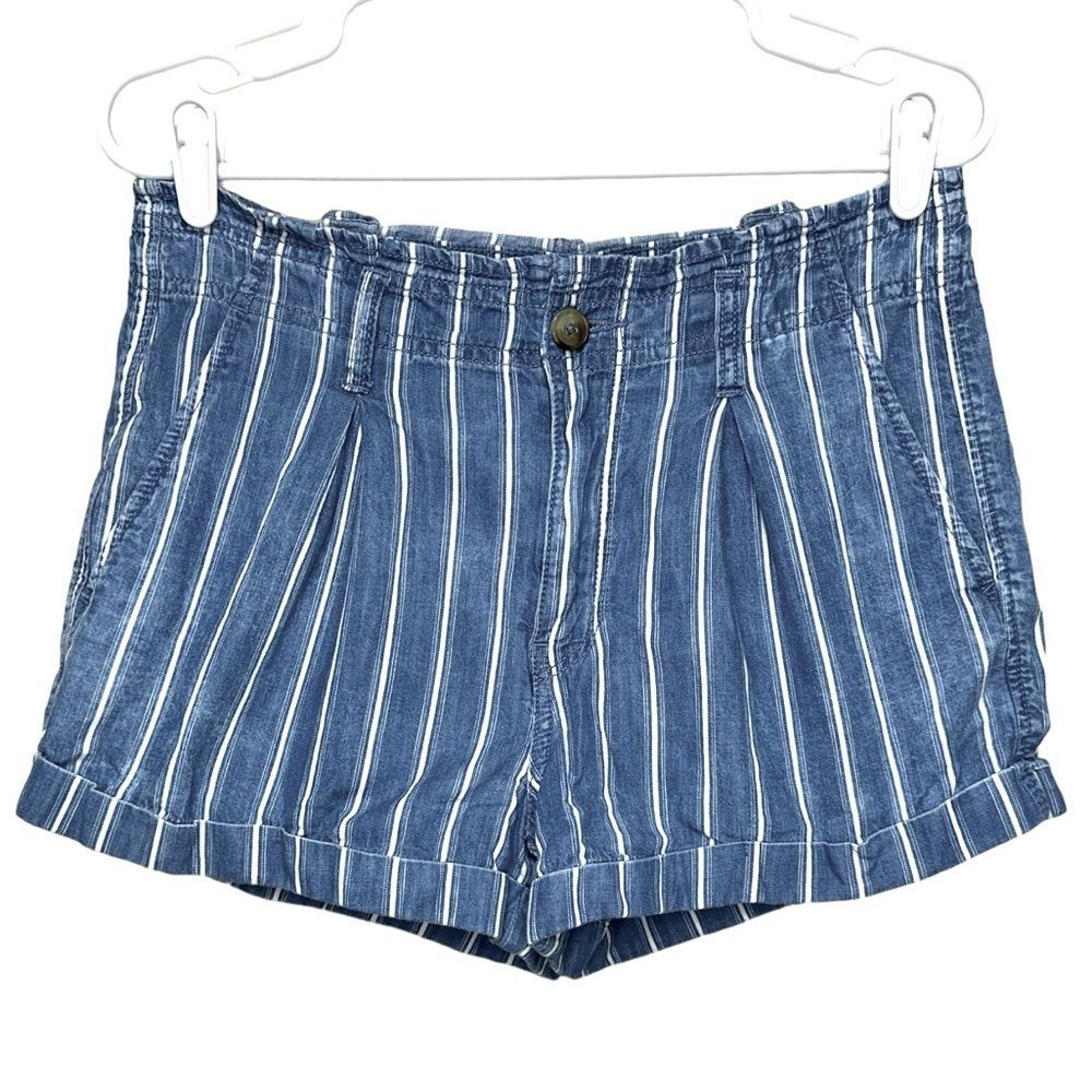 American Eagle High Waist Striped Pleated Cotton Shorts Blue Womens Sz 6 Cuffed